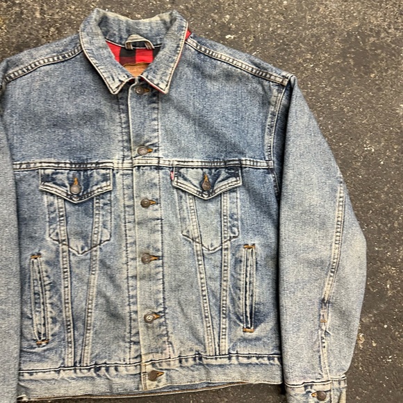 Levi’s Denim Buffalo Plaid Lined Trucker Jacket Mens Medium VTG 90s 80s Blue Red - Picture 7 of 12